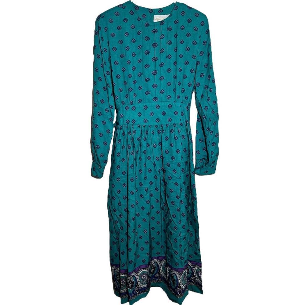 Vintage California Girl Maxi Dress 80s Long Sleeve Belted Turquoise 12